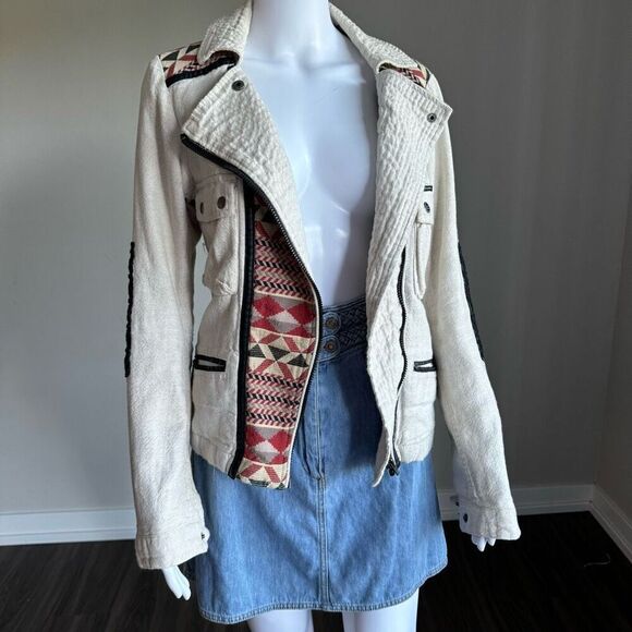 Maison Scott Scotch & Soda Linen Blend Navajo Print Moto Jacket - Picture 2 of 13